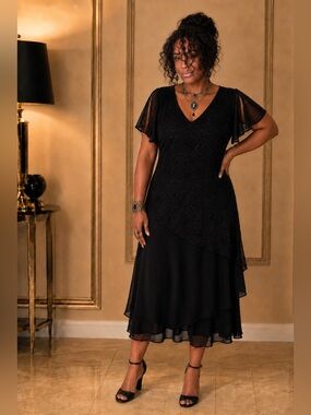 Vintage Y2K Early 2000’s Citi Dress S 12 Black  Glitter Swirl Ruffle Maxi Formal